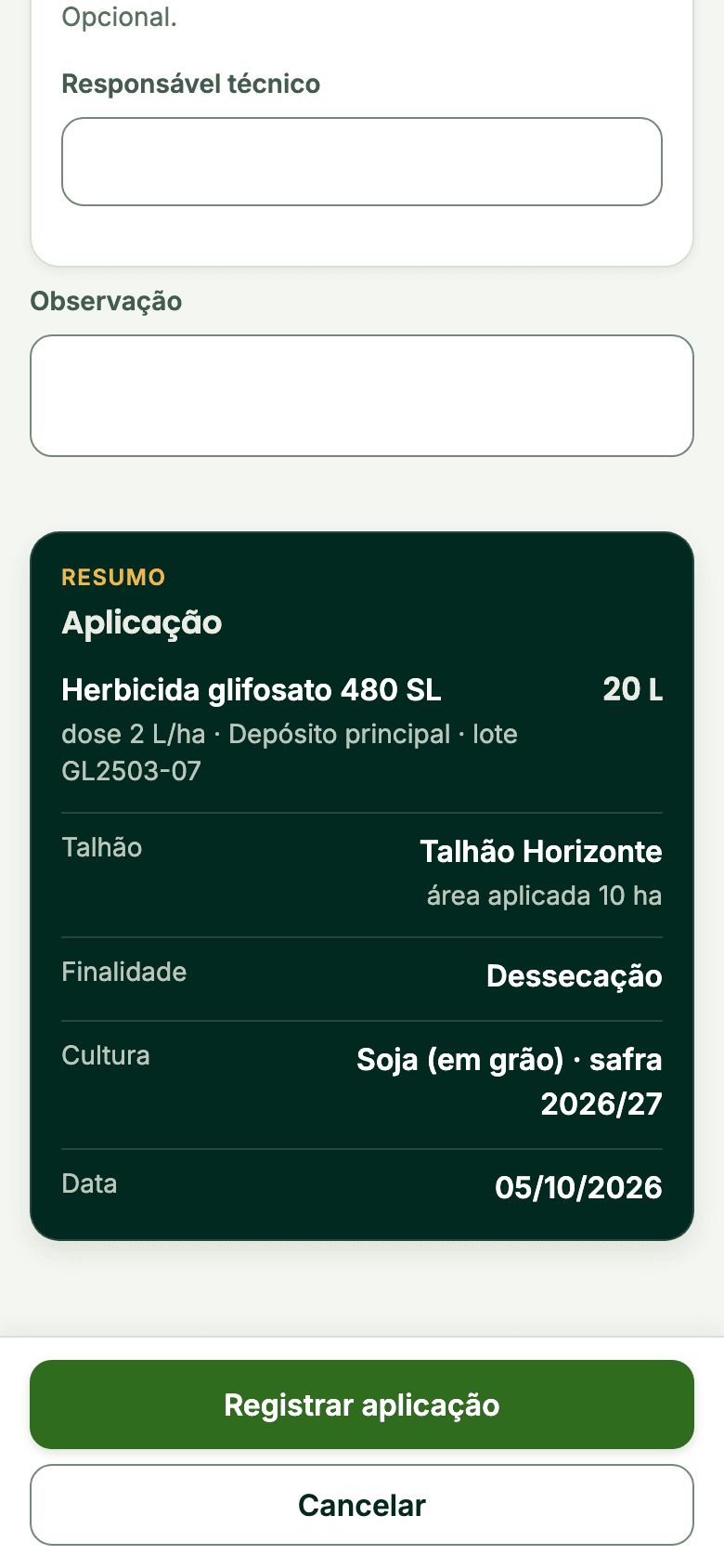 Tela Aplicação do Rumo Lavoura: resumo da aplicação com produto, dose, lote e talhão.