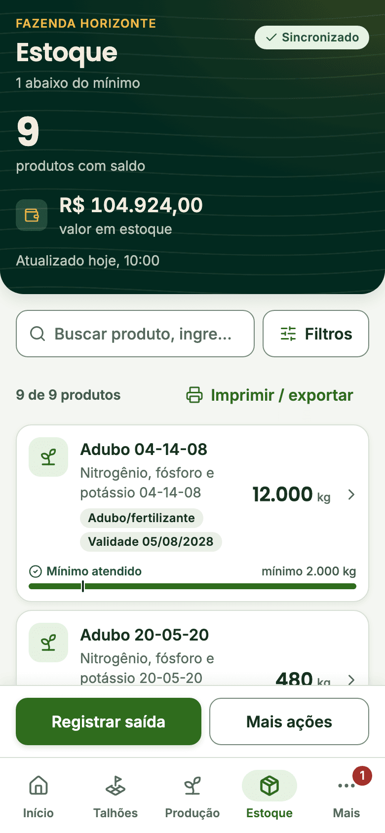 Tela Estoque do Rumo Lavoura: produtos com saldo, valor em estoque, busca, filtros, validade e estoque mínimo.