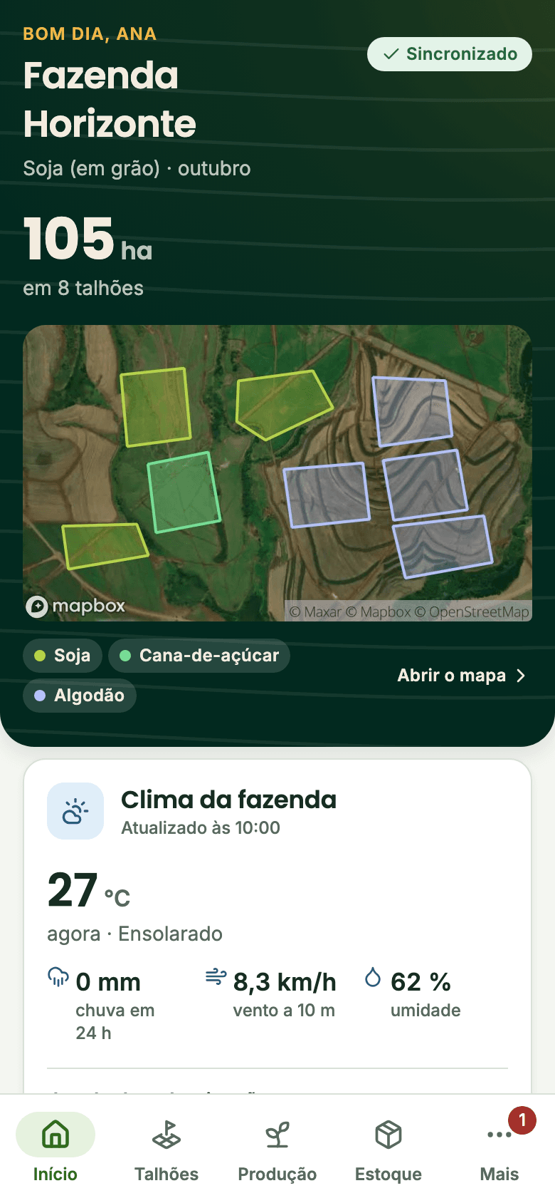 Tela Início do Rumo Lavoura: a fazenda vista de satélite com os talhões por cultura, a área total e o clima da fazenda.