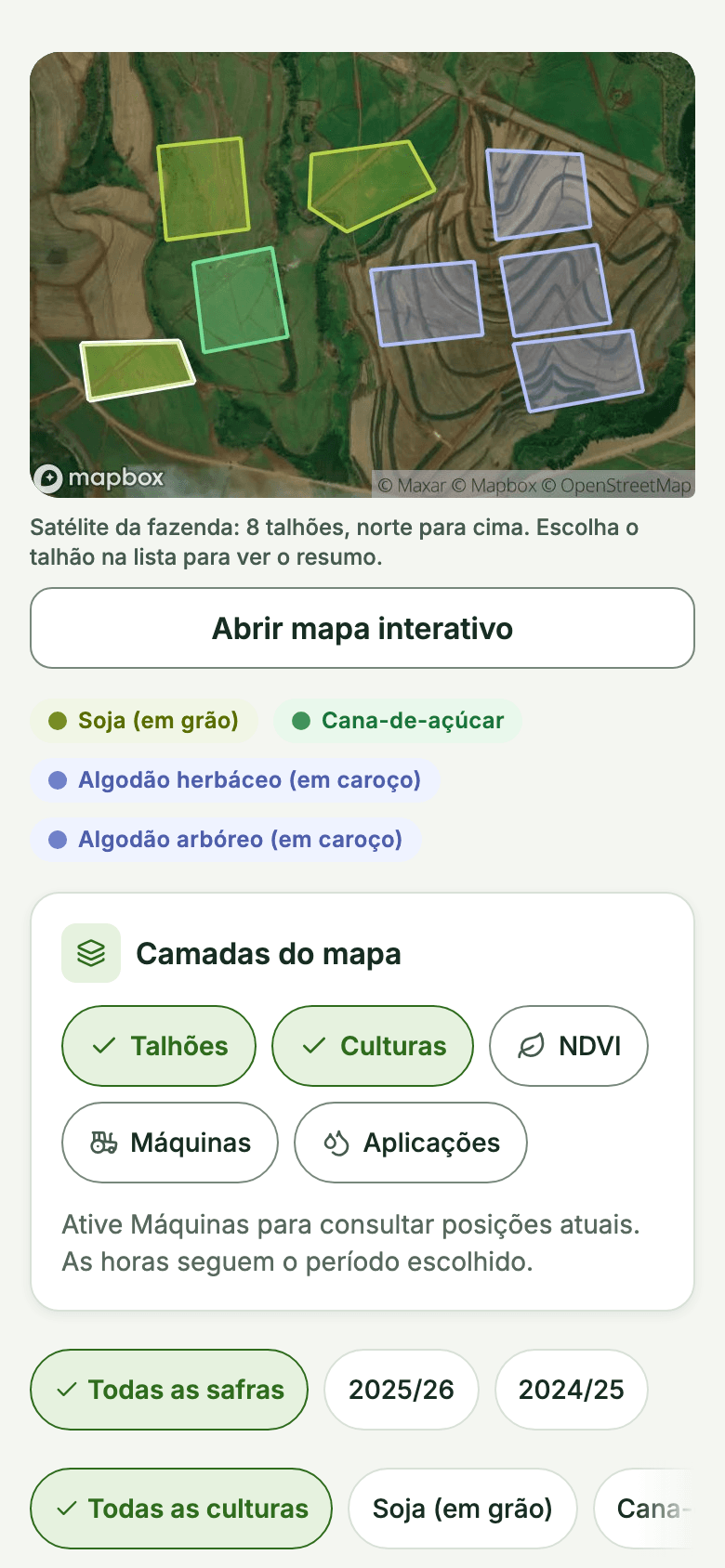 Mapa da fazenda no Rumo Lavoura: talhões sobre a imagem de satélite, coloridos por cultura, com a legenda e os filtros de safra e cultura.