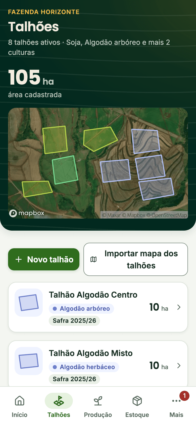 Tela Talhões do Rumo Lavoura: área cadastrada, os talhões sobre a imagem de satélite, Novo talhão, Importar mapa dos talhões e a lista com área e safra.